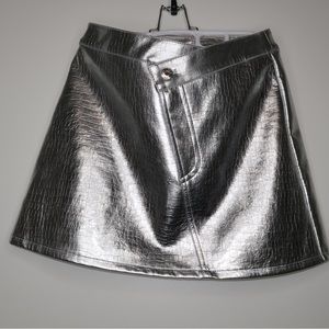 Torn by Ronny Kobo Asymmetrical Faux Leather SIlver Mini Skirt
